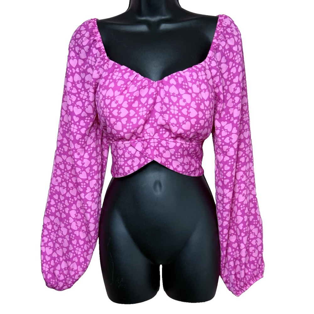 Madden NYC Cropped Top‎ Womens Large Pink Heart Blouson Long Sleeve Back Tie